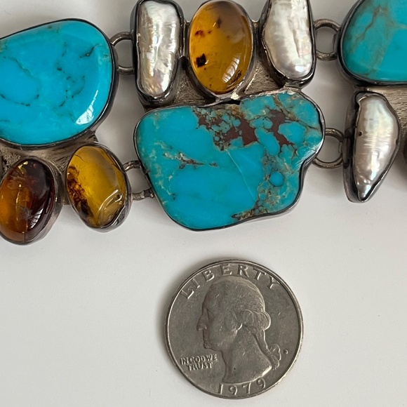 Sterling Silver Turquoise Mother of Pearl Mexico Link Bracelet - Picture 7 of 15